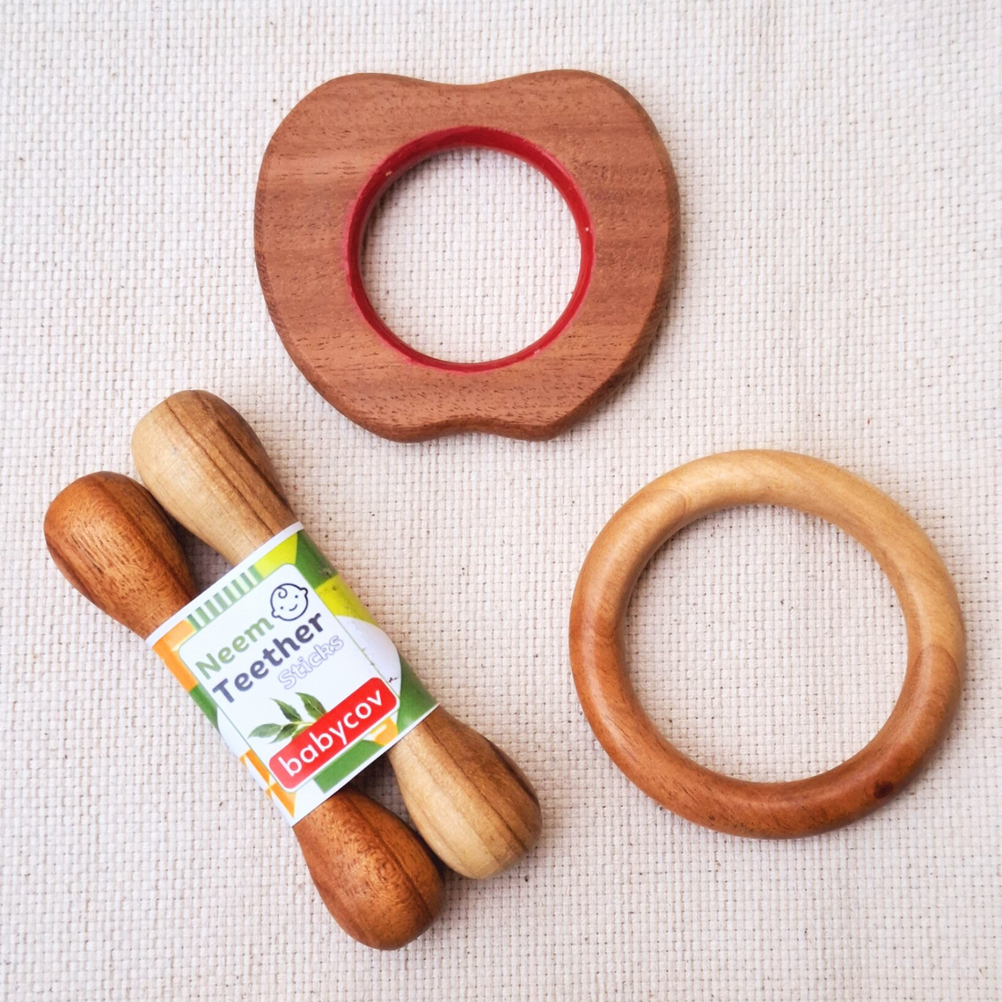 Apple + Stick + Ring Neem Wood Teethers Babycov