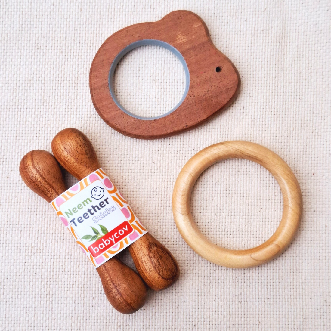 Mouse + Stick + Ring Neem Wood Teether Babycov