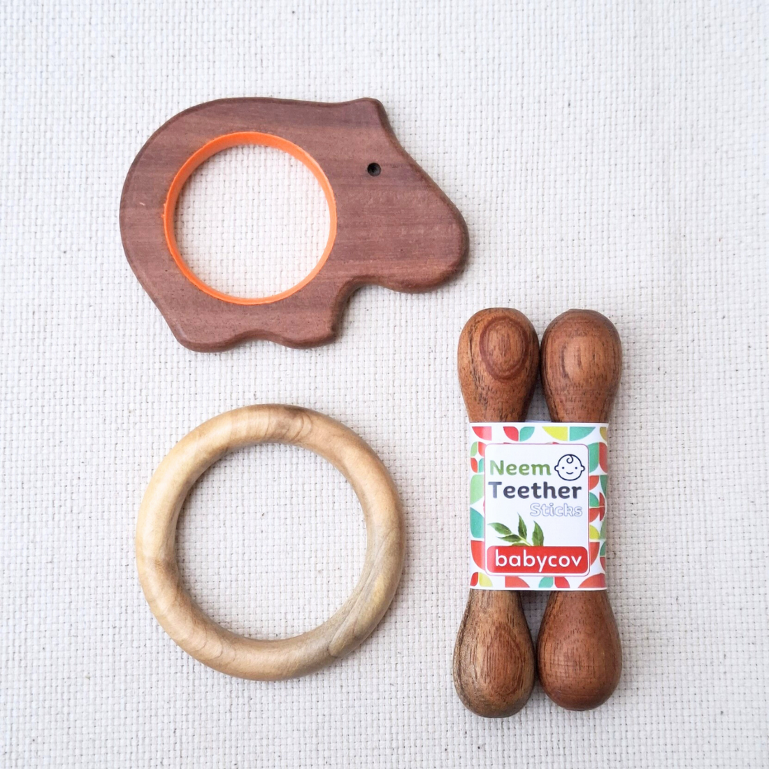 Hippo + Stick + Ring Neem Wood Teether Babycov