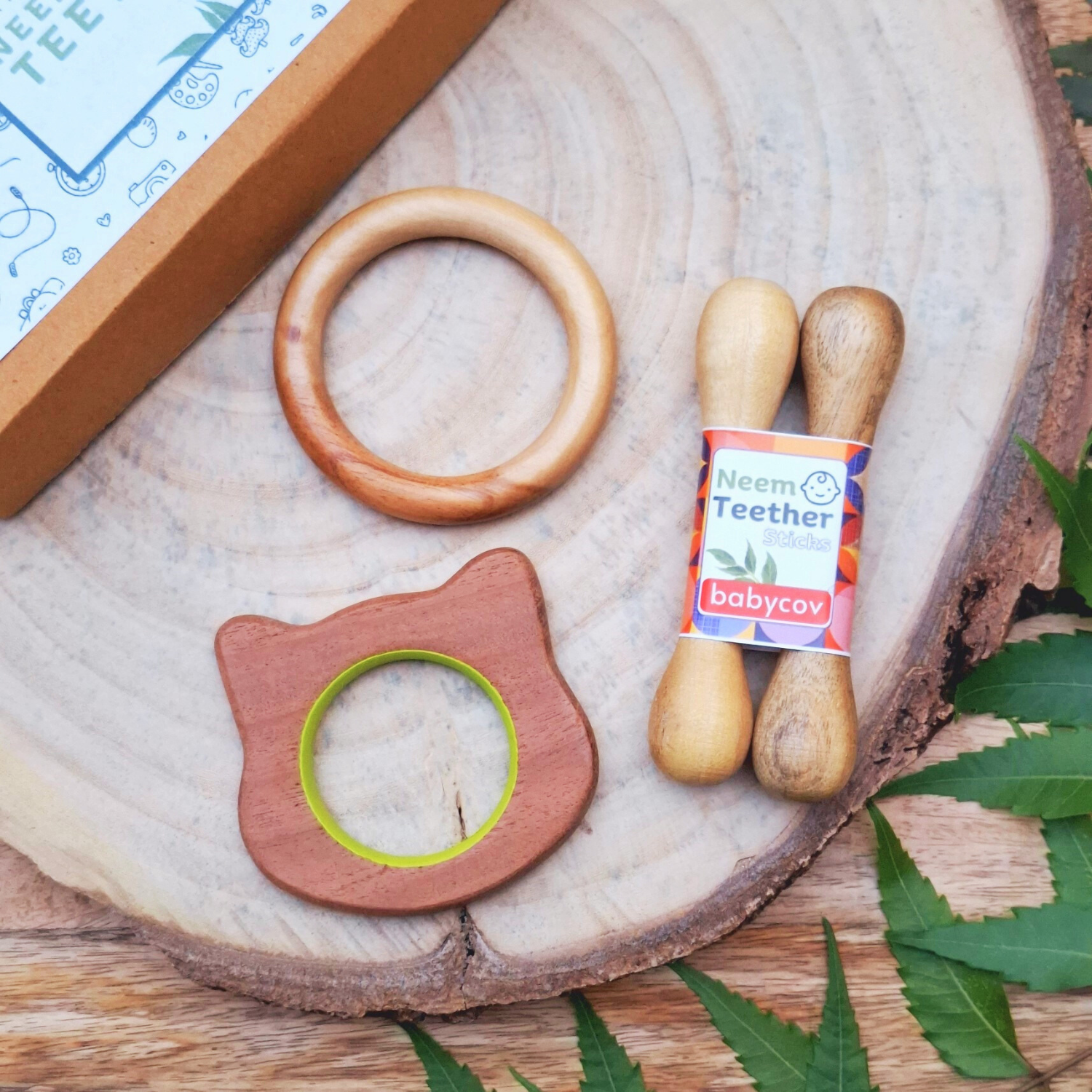 Cat + Sick + Ring Neem Wood Teethers Babycov