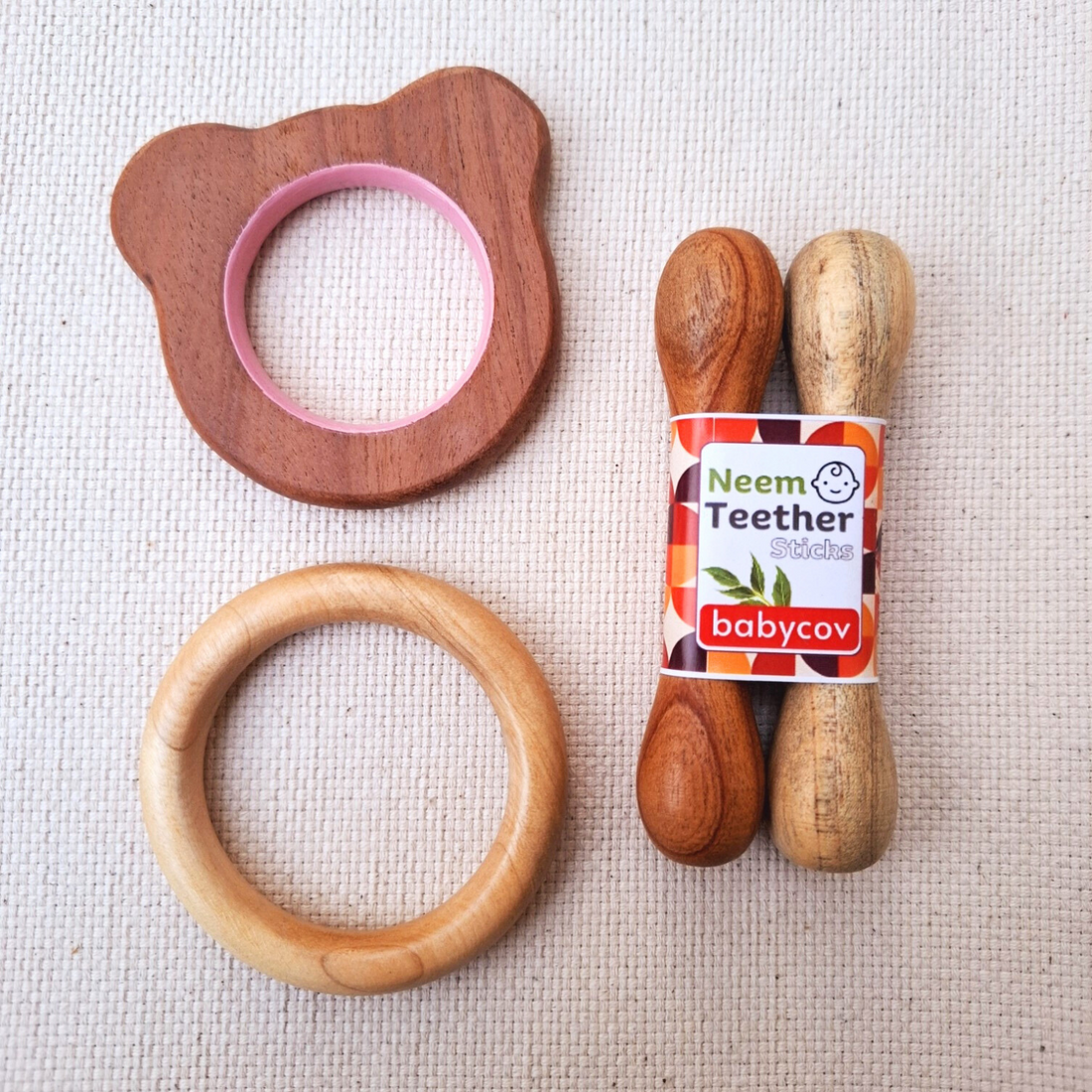 Bear + Stick + Ring Neem Wood Teethers Babycov