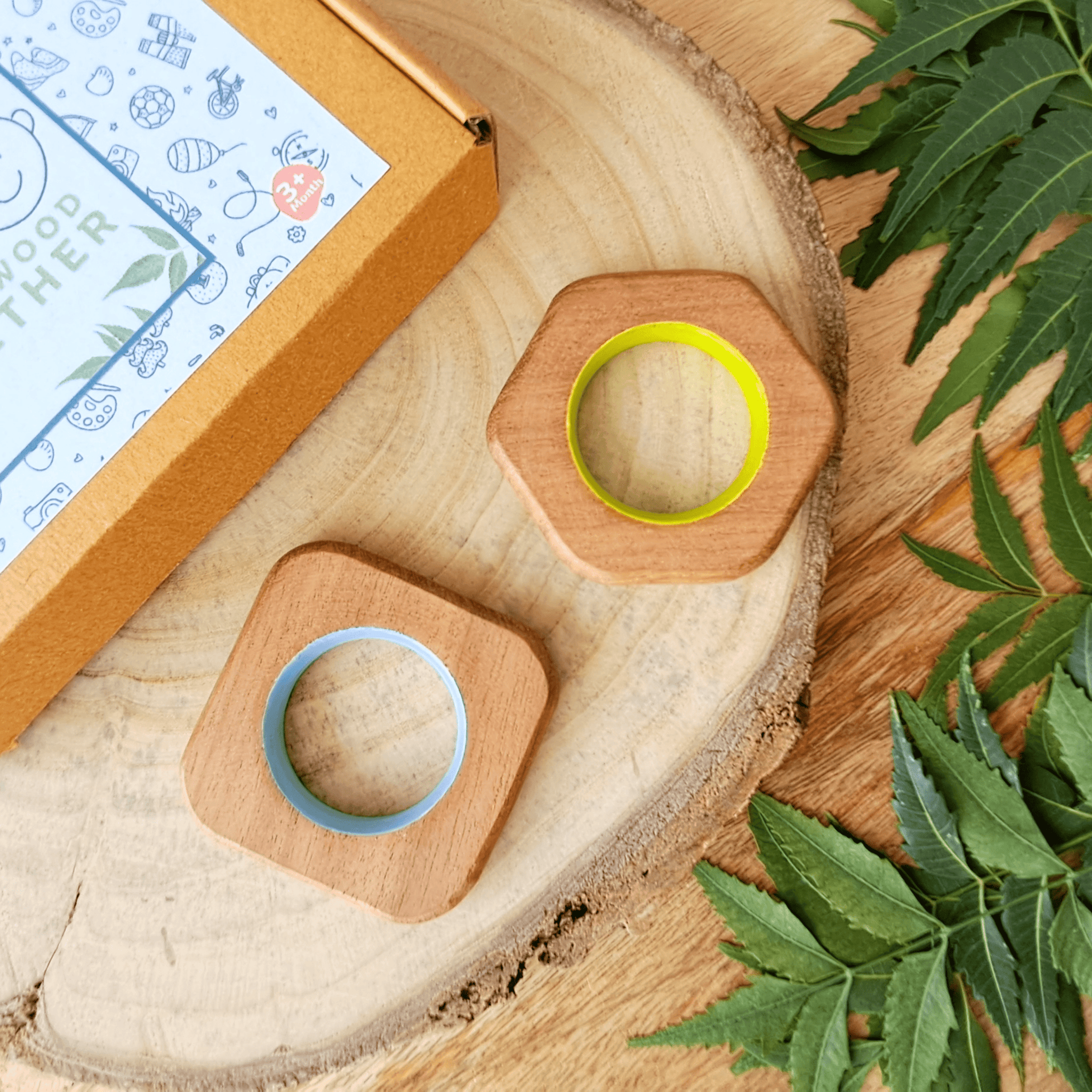 Square and Hexagon Neem Wood Teethers Babycov