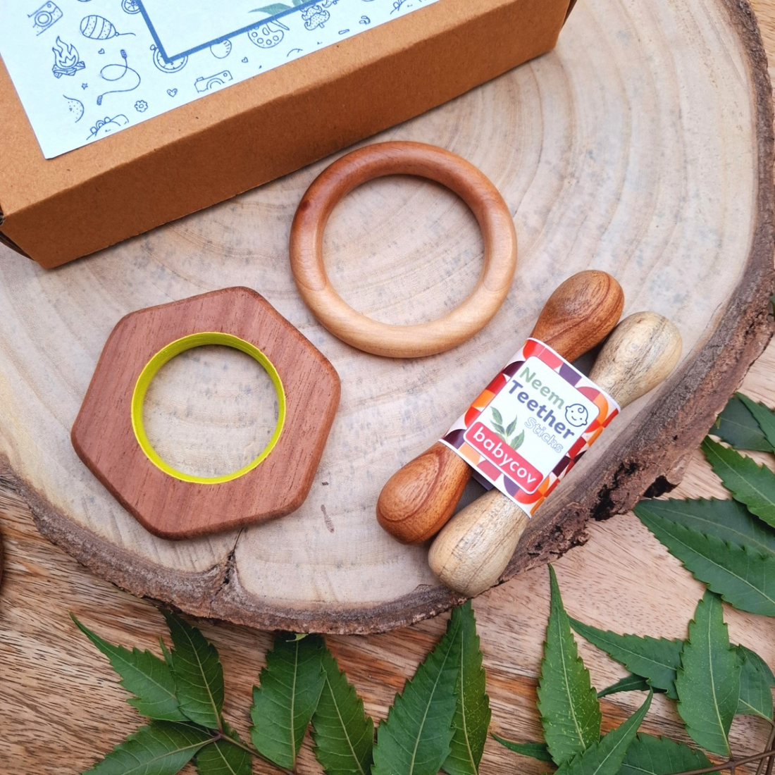 Hexagon + Sick + Ring Neem Wood Teether Babycov