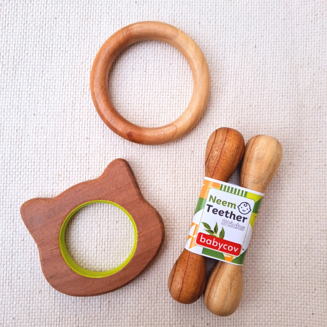 Cat + Sick + Ring Neem Wood Teethers Babycov