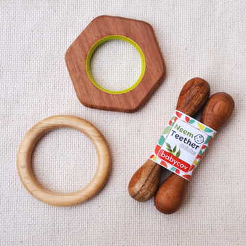 Hexagon + Sick + Ring Neem Wood Teether Babycov